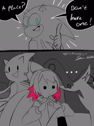 Size: 1536x2048 | Tagged: safe, artist:superguy551, sonic the hedgehog, ..., 2025, comic, crossover, crossover shipping, duo, ellen joe, english text, female, greyscale, humanoid, looking at them, male, monochrome, mouth open, shipping, sitting, smile, speech bubble, spot color, straight, zenless zone zero
