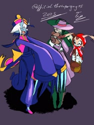 Size: 1536x2048 | Tagged: safe, artist:superguy551, cream the rabbit, 2025, basket, character request, chinese clothes, costume, crossover, darkstalkers, eyes closed, female, flying, holding something, hsien-ko, little red riding hood, mouth open, purple background, simple background, smile, standing, trio