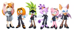 Size: 1421x573 | Tagged: safe, artist:drawchill_s, amy rose, blaze the cat, rouge the bat, surge the tenrec, tikal, vanilla the rabbit, female, suit