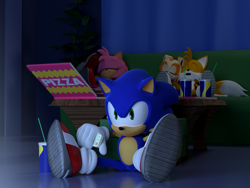 Size: 2880x2160 | Tagged: safe, artist:smpthehedgehog, amy rose, cream the rabbit, miles "tails" prower, sonic the hedgehog, fox, hedgehog, rabbit, 3d, dark, drink, female, food, holding something, indoors, male, pizza, quartet, remote controller, sfm, sitting, sleeping, soda, sofa, solo focus, source filmmaker, table