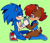 Size: 1133x981 | Tagged: safe, artist:faaangma, sally acorn, sonic the hedgehog, chipmunk, hedgehog, 2016, archie sonic the hedgehog, comforting, crying, duo, female, green background, holding hands, looking at each other, male, sally x sonic, sally's vest and boots, shipping, simple background, sitting, smile, smiling at them, straight, tears