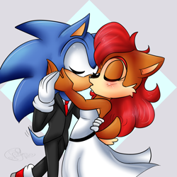 Size: 2000x2000 | Tagged: safe, artist:yoshiyoshi700, sally acorn, sonic the hedgehog, chipmunk, hedgehog, 2020, alternate outfit, artist signature, blushing, bowtie, clothes, dress, duo, eyes closed, female, fully clothed, hand on another's cheek, kiss, long hair, male, pants, sally x sonic, shipping, simple background, straight, suit, wedding, wedding dress, wedding suit