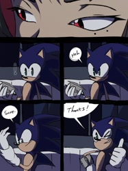 Size: 886x1182 | Tagged: safe, artist:kurobart64, artist:superguy551, sonic the hedgehog, human, comic:birthday comic (superguy551), 2025, collaboration, comic, crossover, crossover shipping, duo, ellen joe, english text, female, gift, grin, holding something, male, shipping, smile, speech bubble, straight, thumbs up, wink, zenless zone zero