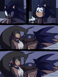 Size: 1302x1736 | Tagged: safe, artist:kurobart64, artist:superguy551, sonic the hedgehog, comic:birthday comic (superguy551), 2025, collaboration, comic, crossover, crossover shipping, duo, ellen joe, eyes closed, female, humanoid, indoors, male, shadow (lighting), shipping, shrugging, smile, straight, zenless zone zero