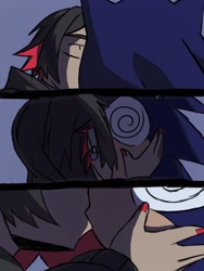 Size: 1302x1736 | Tagged: safe, artist:kurobart64, artist:superguy551, sonic the hedgehog, human, comic:birthday comic (superguy551), 2025, collaboration, comic, crossover, crossover shipping, duo, ellen joe, female, hands on another's face, kiss, male, shipping, spiral eyes, straight, zenless zone zero