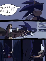 Size: 1302x1736 | Tagged: safe, artist:kurobart64, artist:superguy551, sonic the hedgehog, comic:birthday comic (superguy551), 2025, bed, bracelet, collaboration, comic, crossover, crossover shipping, duo, ellen joe, english text, female, grin, humanoid, indoors, lidded eyes, looking at them, male, shipping, sitting, smile, speech bubble, straight, window, zenless zone zero