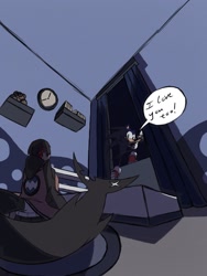 Size: 1302x1736 | Tagged: safe, artist:kurobart64, artist:superguy551, sonic the hedgehog, comic:birthday comic (superguy551), 2025, bed, collaboration, comic, crossover, crossover shipping, duo, ellen joe, english text, female, humanoid, indoors, looking at each other, looking at them, male, shipping, sitting, smile, speech bubble, straight, window, zenless zone zero