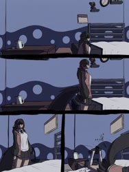 Size: 1302x1736 | Tagged: safe, artist:kurobart64, artist:superguy551, comic:birthday comic (superguy551), 2025, bed, collaboration, comic, crossover, ellen joe, female, indoors, lying down, lying on front, sitting, solo, standing, zenless zone zero
