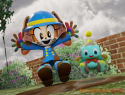 Size: 1920x1463 | Tagged: safe, artist:spinoskingdom875, cheese (chao), cream the rabbit, chao, rabbit, 3d, alternate outfit, boots, coat, duo, female, hat, jumping, mud, raincoat