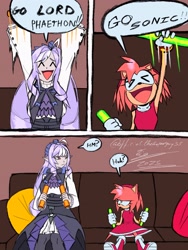 Size: 1536x2048 | Tagged: safe, artist:superguy551, amy rose, human, 2025, character request, comic, couch, crossover, duo, english text, eyes closed, glowstick, holding something, implied sonic, indoors, lidded eyes, looking at each other, looking at them, mouth open, sitting, smile, speech bubble