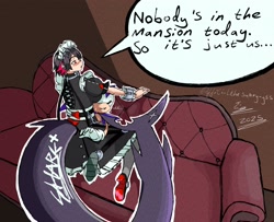 Size: 2516x2040 | Tagged: suggestive, artist:superguy551, sonic the hedgehog, blushing, couch, crossover, crossover shipping, dress, duo, ellen joe, english text, humanoid, indoors, maid outfit, shipping, sitting, sitting on lap, sitting on them, speech bubble, spiral eyes, straight, zenless zone zero