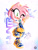 Size: 1170x1554 | Tagged: safe, artist:xnartiz, amy rose, hedgehog, abstract background, alternate outfit, alternate shoes, cosplay, crossover, female, holding something, k-pop demon hunters, mouth open, open smile, smile, solo, standing on one leg, text, wink