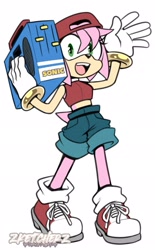 Size: 1272x2048 | Tagged: source needed, safe, artist:zketcherz, amy rose, hedgehog, alternate outfit, alternate shoes, backwards cap, boom box, female, sneakers, solo, tomboy