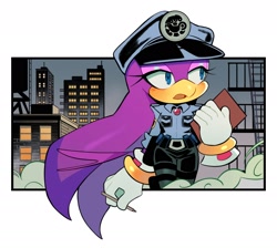 Size: 1900x1700 | Tagged: safe, artist:tiramisuuuu_6, wave the swallow, alternate outfit, city, female, hat, holding something, police outfit, solo