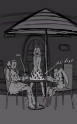 Size: 1288x2048 | Tagged: safe, artist:superguy551, cream the rabbit, human, comic:cream has new friends, 2025, chili dog, comic, corin wickes, crossover, cup, drink, english text, eyes closed, female, food, greyscale, holding something, monochrome, mouth open, outdoors, sitting, sketch, smile, soukaku (zenless zone zero), speech bubble, table, trio, zenless zone zero