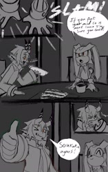 Size: 1288x2048 | Tagged: safe, artist:superguy551, cream the rabbit, comic:cream has new friends, 2025, chili dog, comic, crossover, duo, eating, english text, eyes closed, female, food, greyscale, holding something, humanoid, monochrome, mouth open, sitting, sketch, smile, soukaku (zenless zone zero), speech bubble, spot color, table, thumbs up, wink, zenless zone zero