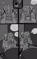 Size: 1288x2048 | Tagged: safe, artist:superguy551, human, comic:cream has new friends, 2025, comic, corin wickes, crossover, cup, drink, drinking, english text, eyes closed, female, greyscale, holding something, monochrome, mouth open, sitting, solo, sparkles, speech bubble, spot color, table, tongue out, zenless zone zero