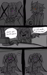 Size: 1288x2048 | Tagged: safe, artist:superguy551, cream the rabbit, human, comic:cream has new friends, 2025, comic, corin wickes, crossover, english text, eyes closed, female, greyscale, humanoid, monochrome, mouth open, smile, soukaku (zenless zone zero), speech bubble, spot color, standing, table, tears, trio, zenless zone zero
