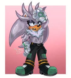 Size: 658x728 | Tagged: safe, artist:prismaticfangz, silver the hedgehog, hedgehog, 2026, alternate outfit, belt, boots, chest fluff, clothes, eyeshadow, frown, gloves, hand on hip, lidded eyes, male, mouth open, neck fluff, pants, signature, solo, standing, stomach fluff, sweat, sweatdrop, tired, topless, wiping face