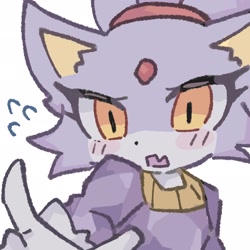 Size: 2048x2048 | Tagged: safe, artist:hari26262025, blaze the cat, cat, 2026, blaze's tailcoat, blazebetes, blushing, close-up, clothes, cute, dress, ear fluff, eyelashes, female, frown, grey background, looking offscreen, mouth open, one fang, simple background, solo, sweatdrop