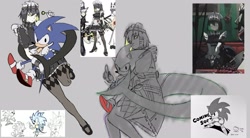 Size: 3800x2100 | Tagged: safe, artist:superguy551, sonic the hedgehog, 2025, candy, carrying them, classic sonic, classic sonic (universe), crossover, crossover shipping, duo, ellen joe, female, food, grey background, holding something, lollipop, looking at viewer, maid outfit, male, reference inset, shipping, simple background, sitting, sketch, straight, zenless zone zero