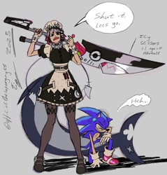 Size: 1505x1573 | Tagged: safe, artist:superguy551, sonic the hedgehog, 2025, candy, crossover, duo, ellen joe, english text, eyes closed, female, food, holding something, humanoid, lollipop, looking at viewer, male, mouth open, simple background, speech bubble, standing, weapon, zenless zone zero