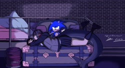 Size: 3791x2081 | Tagged: safe, artist:superguy551, sonic the hedgehog, 2025, candy, couch, crossover, eating, ellen joe, female, food, holding something, humanoid, lollipop, male, mouth open, sitting, zenless zone zero