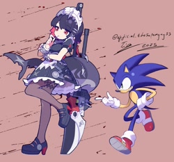 Size: 2252x2100 | Tagged: safe, artist:superguy551, sonic the hedgehog, 2025, brown background, crossover, dress, duo, eating, ellen joe, female, grin, holding something, humanoid, looking at them, male, simple background, smile, standing, weapon, zenless zone zero