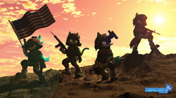 Size: 1280x718 | Tagged: safe, artist:saiyangoku4, gadget the wolf, oc, bird, cat, wolf, 2022, 3d, acr, afternoon, american flag, artist name, assault rifle, body armor, boots, camouflage, clothes, cloud, colt, corvin the bird, country flag, english text, flag, fully clothed, gloves, goggles, gun, helmet, hill, holding something, looking offscreen, m4 carbine, male, military uniform, muscular, muscular male, outdoors, pants, pose, quartet, remington, shirt, source filmmaker, squatting, standing, submachine gun, sun, sunlight, t-shirt, uniform, unknown oc, uzi, weapon