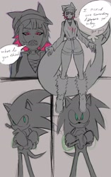 Size: 1288x2048 | Tagged: safe, artist:superguy551, sonic the hedgehog, 2025, arms folded, comic, crossover, crossover shipping, duo, ellen joe, english text, female, humanoid, male, monochrome, mouth open, shipping, smile, speech bubble, spot color, standing, straight, zenless zone zero