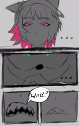 Size: 1288x2048 | Tagged: safe, artist:superguy551, sonic the hedgehog, human, ..., 2025, comic, crossover, crossover shipping, duo, ellen joe, english text, female, greyscale, looking at each other, looking at them, male, monochrome, mouth open, sharp teeth, shipping, speech bubble, spot color, straight, zenless zone zero