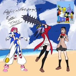 Size: 1881x1881 | Tagged: safe, artist:superguy551, sonic the hedgehog, human, 2025, beach, camera, carrying them, character request, clouds, crossover, daytime, female, group, holding something, male, mouth open, outdoors, reference inset, smile, standing, the simpsons, water, weapon