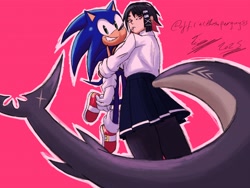 Size: 2048x1536 | Tagged: safe, artist:superguy551, sonic the hedgehog, 2025, crossover, crossover shipping, duo, ellen joe, female, grin, holding them, hugging, humanoid, male, pink background, shipping, simple background, smile, standing, straight, zenless zone zero
