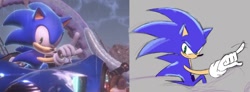 Size: 950x348 | Tagged: safe, artist:superguy551, sonic the hedgehog, 2025, grey background, redraw, reference inset, simple background, sitting, smile, solo, sonic racing crossworlds