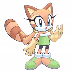 Size: 2045x2048 | Tagged: safe, artist:maria__rabbit, marine the raccoon, raccoon, 2026, clothes, cute, eyelashes, female, gloves, looking at viewer, marineabetes, mouth open, open smile, shorts, simple background, smile, solo, standing, white background