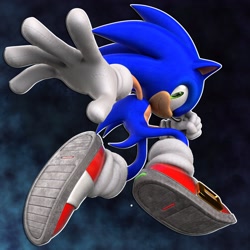 Size: 2048x2048 | Tagged: safe, artist:dokatzo, artist:tachyon0v0, sonic the hedgehog, hedgehog, 2026, 3d, buckle, gloves, looking at viewer, male, mid-air, outline, posing, reaching out, shoes, smile, smiling at viewer, socks, solo, treads