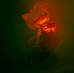 Size: 2048x2000 | Tagged: safe, artist:xxsaireexx, amy rose, hedgehog, 2026, boots, clothes, dark, dress, eyelashes, eyes closed, female, frown, gloves, glowing, gradient background, hand on chest, kneeling, lineless, mouth open, socks, solo