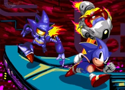 Size: 2048x1476 | Tagged: safe, artist:thespeedguy1991, mecha sonic, robotnik, sonic the hedgehog, hedgehog, human, sonic cd, 2026, abstract background, alternate universe, classic robotnik, classic sonic, classic sonic (universe), clenched fists, eggmobile, fire, flame, frown, gloves, lineless, male, outdoors, robot, running, shoes, smile, socks, stardust speedway, treads, trio