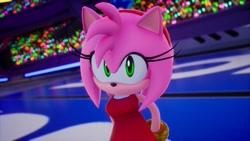 Size: 1920x1080 | Tagged: safe, artist:tailbiscuits, amy rose, hedgehog, 2025, 3d, clothes, dress, eyelashes, female, hands behind back, looking at viewer, mod, redesign, screencap, solo, sonic racing crossworlds, standing