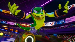 Size: 1920x1080 | Tagged: safe, artist:tailbiscuits, vector the crocodile, crocodile, 2026, 3d, car, chain, fangs, fingerless gloves, gloves, headphones, looking at viewer, male, mod, necklace, redesign, screencap, shoes, smile, solo, sonic racing crossworlds, standing, standing on something, vehicle