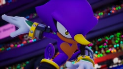 Size: 1920x1080 | Tagged: safe, artist:tailbiscuits, espio the chameleon, 2026, 3d, chameleon, dark skin, eyelashes, gloves, heart chest, looking offscreen, male, mod, redesign, screencap, shoes, solo, sonic racing crossworlds