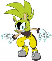 Size: 1222x1425 | Tagged: safe, artist:lankyleaky_, surge the tenrec, tenrec, 2026, clothes, ear piercing, electricity, eyelashes, female, gloves, grin, looking at viewer, pants, piercing, ponytail, ring (jewelry), shoes, simple background, smile, smiling at viewer, solo, standing, white background