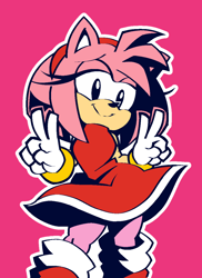 Size: 913x1253 | Tagged: safe, artist:djnightmar3, amy rose, hedgehog, 2026, boots, double v sign, dress, eyelashes, female, flat colors, gloves, lidded eyes, outline, pink background, simple background, smile, socks, solo, standing, v sign