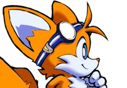 Size: 1347x932 | Tagged: safe, artist:redezrookie, miles "tails" prower, fox, 2026, cheek fluff, chest fluff, ear fluff, eyewear on head, finger under chin, goggles, goggles on head, looking offscreen, male, side view, simple background, smile, solo, tail fluff, tan nose, white background