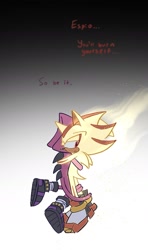 Size: 1149x1941 | Tagged: safe, artist:aleespace-art, espio the chameleon, shadow the hedgehog, super shadow, hedgehog, 2026, angst, chameleon, dialogue, duo, english text, flying, frown, gay, gloves, gradient background, hugging, male, mid-air, shadpio, shipping, shoes, super form, text