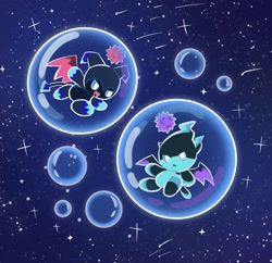 Size: 1671x1617 | Tagged: safe, artist:aleespace-art, chao, 2026, agender, agender only, bubble, chao week, dark chao, duo, duo agender, flying, frown, looking at them, looking at viewer, mid-air, mouth open, open smile, shooting star, smile, sparkles, star (sky)