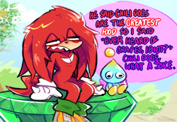 Size: 1159x800 | Tagged: safe, artist:ohposhers, knuckles the echidna, chao, echidna, 2024, agender, daytime, dialogue, duo, english text, faic, gloves, head fluff, implied sonic, lidded eyes, male, master emerald, neutral chao, outdoors, sharp teeth, shoes, shrunken pupils, sitting, socks, speech bubble, talking, text, tree