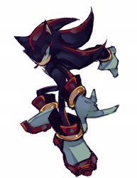 Size: 1578x2048 | Tagged: safe, artist:mioxxxxz, shadow the hedgehog, hedgehog, sonic adventure 2, 2026, chest fluff, devil horns (gesture), gloves, looking at viewer, male, posing, redraw, shoes, simple background, solo, white background