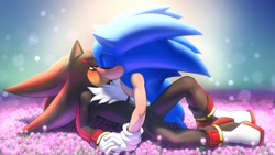 Size: 1200x675 | Tagged: safe, artist:krazyelf, shadow the hedgehog, sonic the hedgehog, hedgehog, absurd res, blushing, chest fluff, duo, eyes closed, field, flower, gay, gloves, holding hands, kiss, kiss on lips, male, shadow x sonic, shipping, shoes