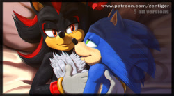 Size: 1701x938 | Tagged: safe, artist:zen, shadow the hedgehog, sonic the hedgehog, hedgehog, 2024, bed, chest fluff, cuddling, gay, hugging, lidded eyes, looking at each other, lying down, obtrusive watermark, shadow x sonic, shipping, smiling at each other, watermark